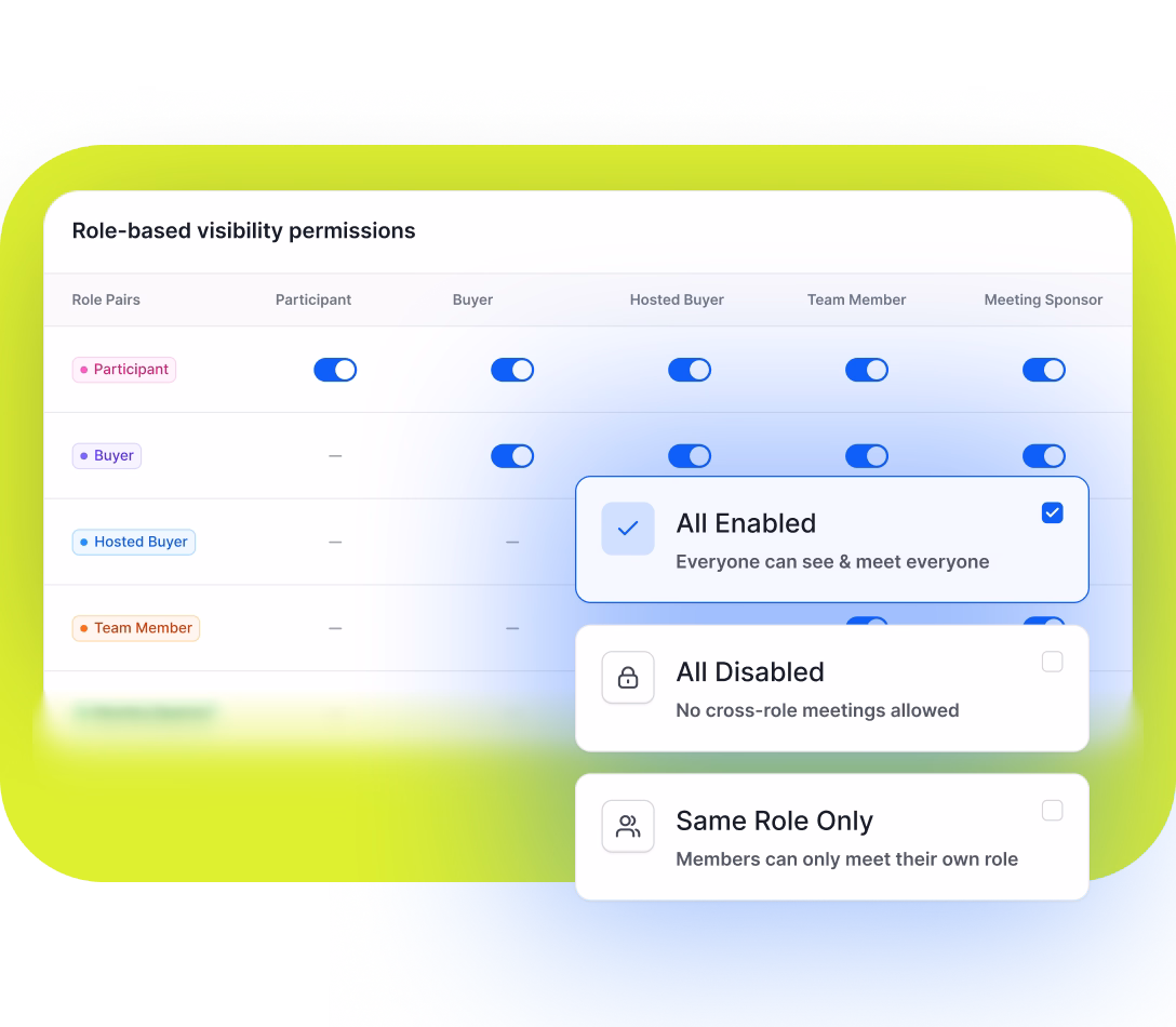 Visibility settings interface for controlling which participant groups can connect