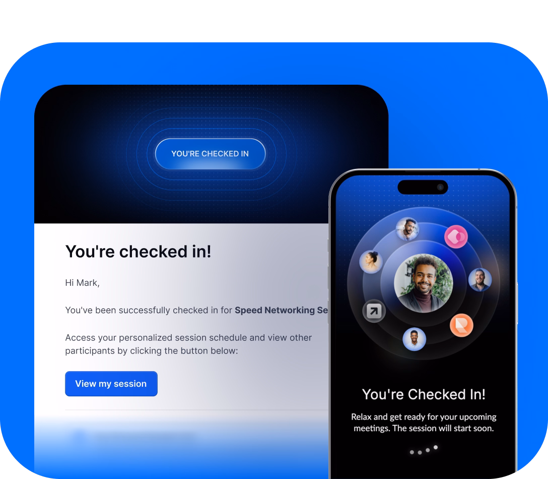 Organizers scanning participant badges and sending email invitations to speed networking session