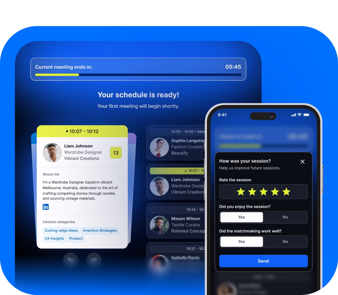 Active speed networking session with timer and rating interface for participants