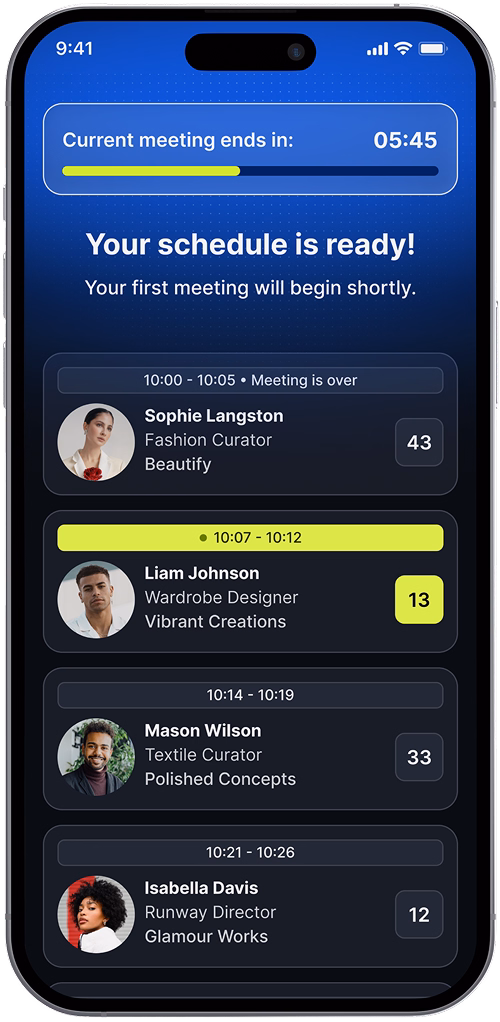 Networks mobile app interface showing speed networking schedule and participant profiles